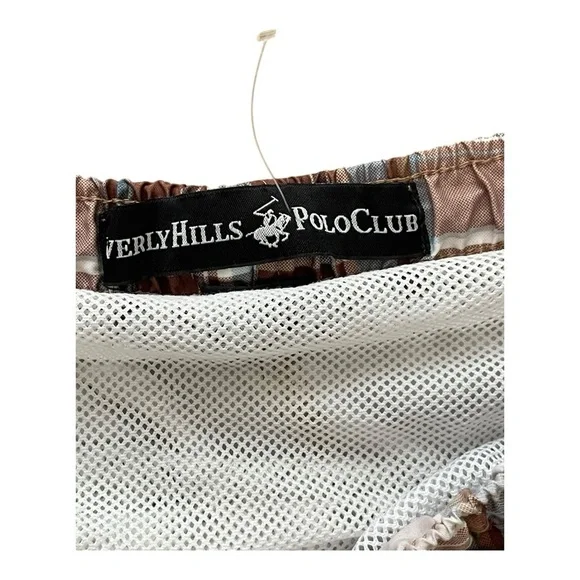 Beverly Hills Polo Club plaid Brown Tan blue Cargo Shorts Swim Trunks Size: L - Picture 5 of 6